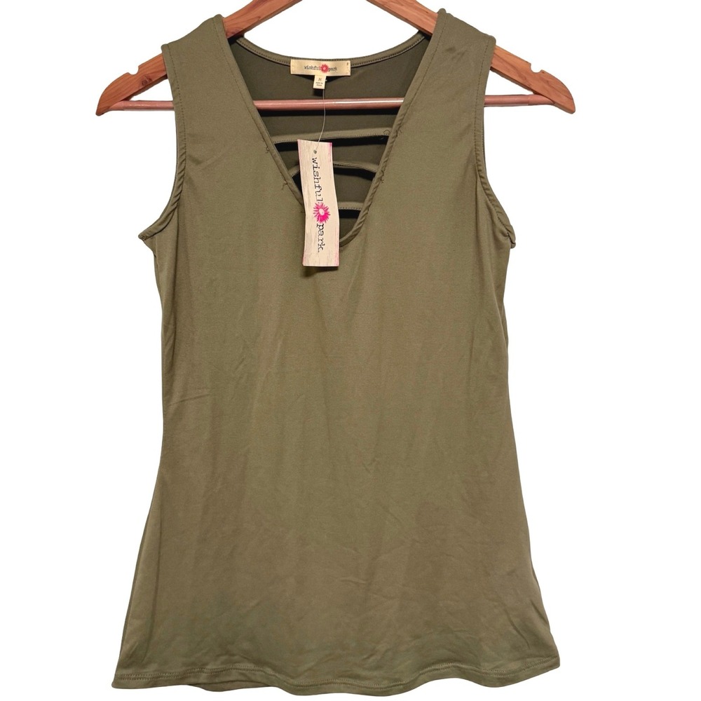 NWT Wishful Park Tank Top Medium Olive Green Strappy V-Neck Sleeveless Basic